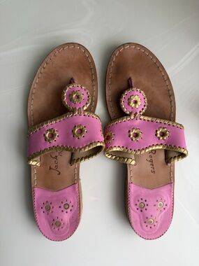 Jack Rogers Pink Leather Thong Sandals with Gold Trim